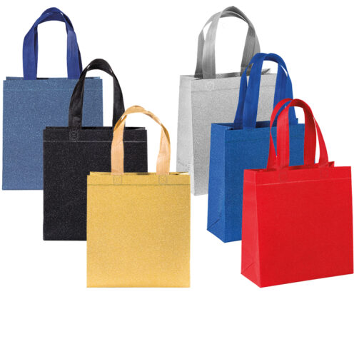 Shopper in TNT laminato glitter con soffietto e manici corti